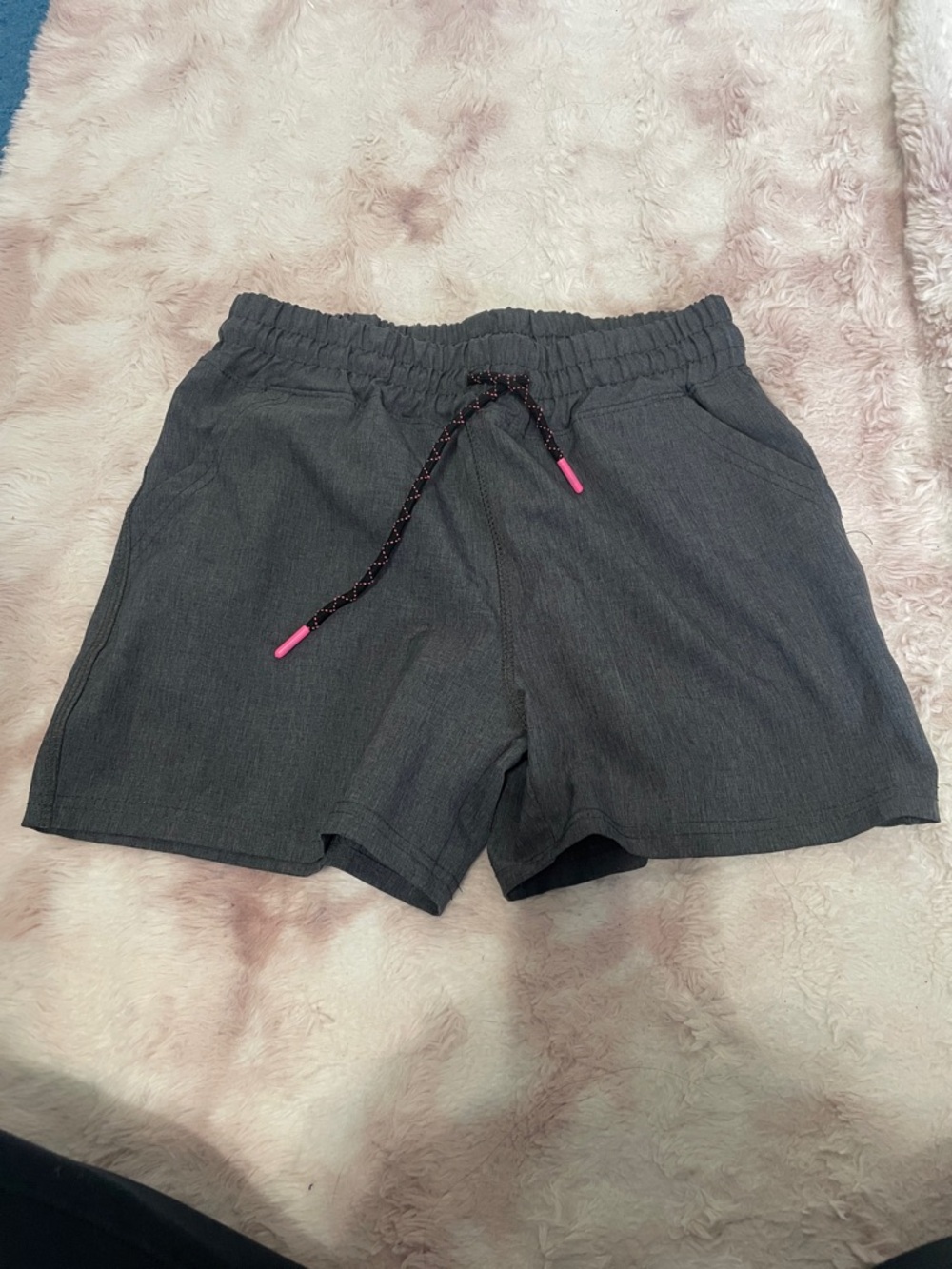Game Time Dark Gray Athletic Drawstring Shorts with Pink-Tip Cord